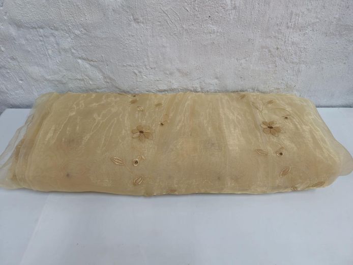 Sheer Champagne Gold Organza Fabric with Embroidery Detail