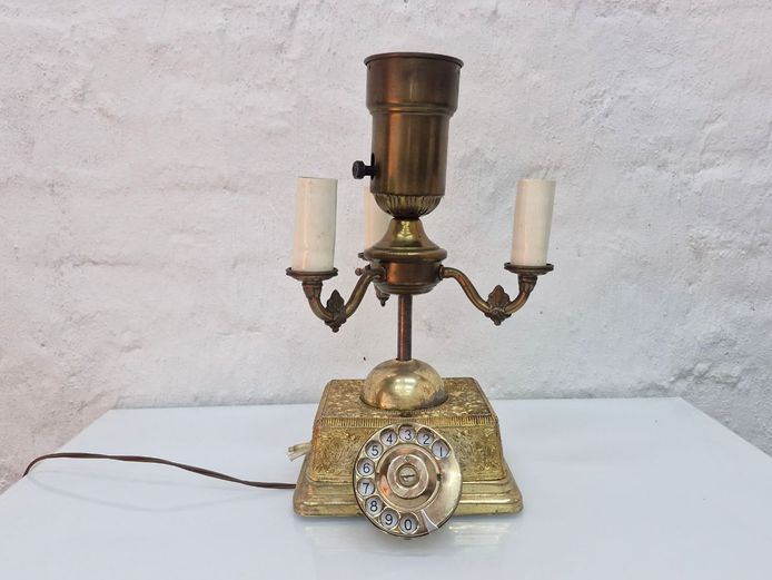 Vintage Brass-Toned Upcycled Rotary Telephone Candelabra Table Lamp