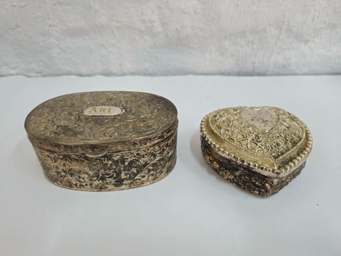 Vintage Ornate Oval & Heart Shaped Metal Trinket Boxes 