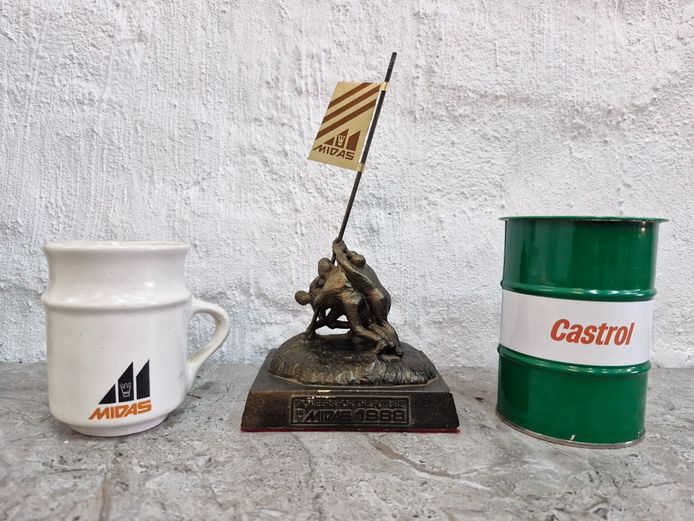 Vintage 1988 Midas "Pioneers for the Future" Commemorative Trophy & Castrol Petroliana Set