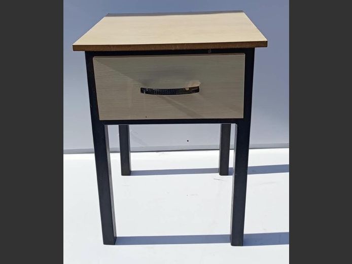 PAIR METAL & OAK FOIL SINGLE DRAWER BEDSIDE PEDESTALS, 50 x 50 x 67cm