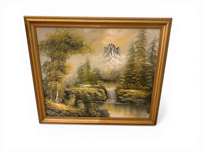 Framed Landscape Oil Painting (Mountain & Waterfall Scene)
