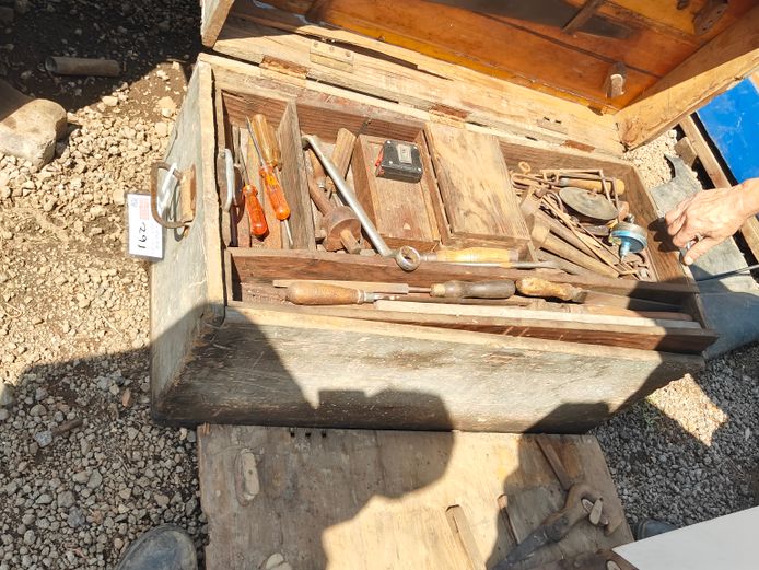 WOODEN CARPENTER TOOL BOX WITH TOOLS