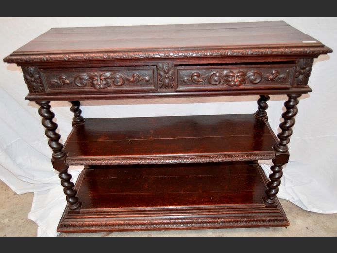 JACOBEAN DARK STAINED OAK & CARVED 2-DRAWER, BARLEY TWIST SERVER WITH 2 BOTTOM SHELVES, 117 x 45 x 98cm