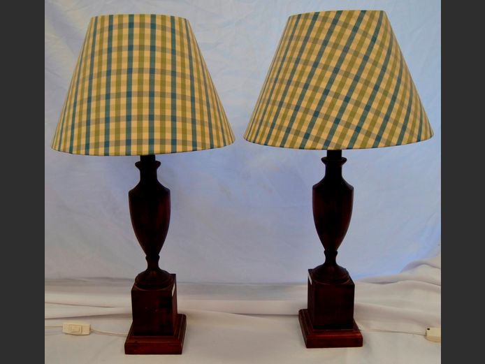 PAIR WOODEN TABLE LAMPS WITH CHECK SHADES, 67cm High