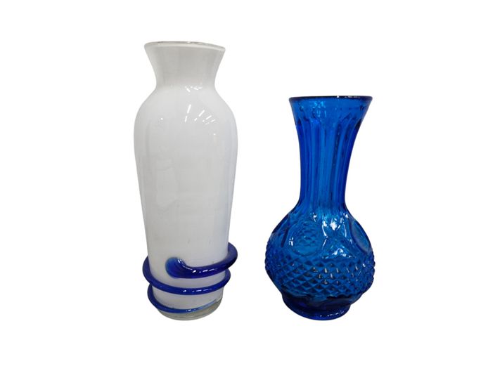 Vintage Milky Blue Coiled Vase & Royal Blue Textured Vase
