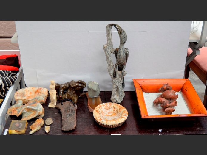 SOAPSTONE FIGURINE OF A TOUCAN, BOX FRAMED AFRICAN FIGURINE, etc