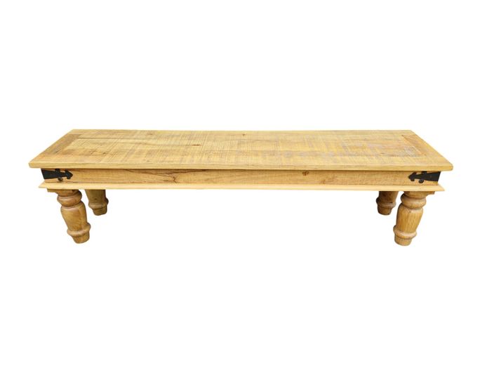 Rustic Wooden Bench with Ornamental Metal Brackets