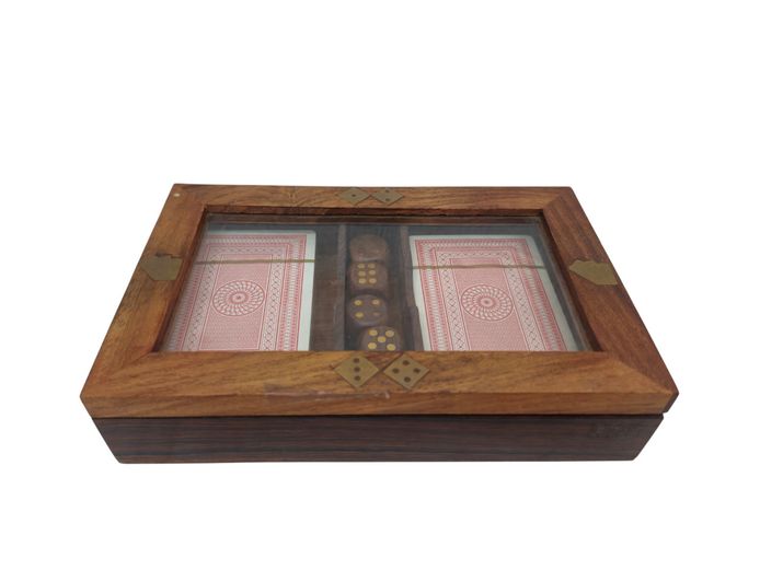 Vintage Handcrafted Wooden Playing Card & Dice Box