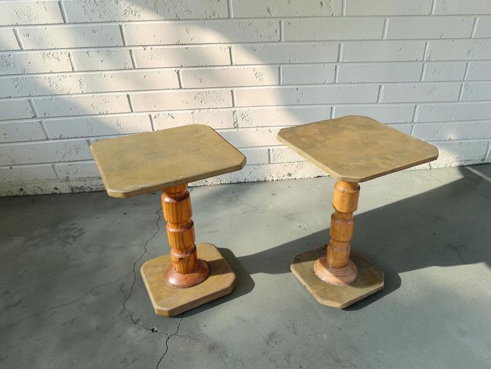 Pair of Vintage Turned Wood & Marble Pedestal Side Tables