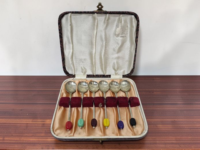 Art Deco Silver-Plated Coffee Spoons with Multicolored Bean Finials