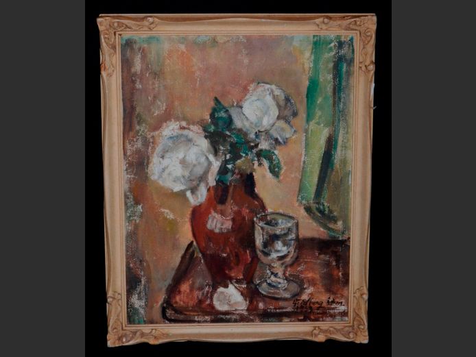 ORNATELY FRAMED OIL ON CANVAS "STILL LIFE" SIGNED LORE FELDBERG EBEL, 44.5 x 34.5cm