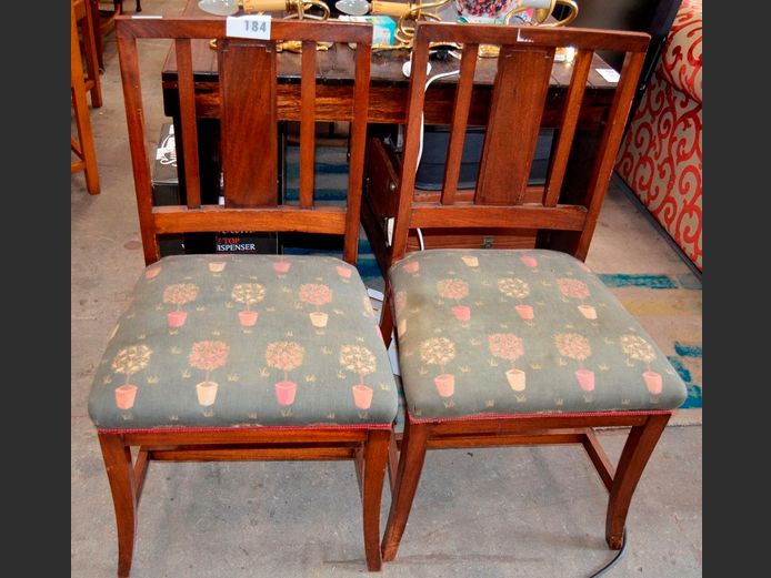 PAIR TEAK HALL CHAIRS WITH FLORAL UPHOLSTERED SEATS