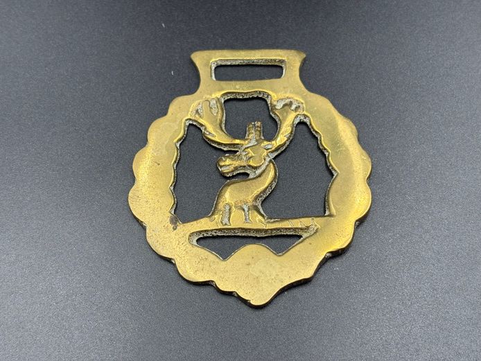 Vintage Brass Horse Harness Medallion – Stag / Deer on Torse with Scalloped Border Design