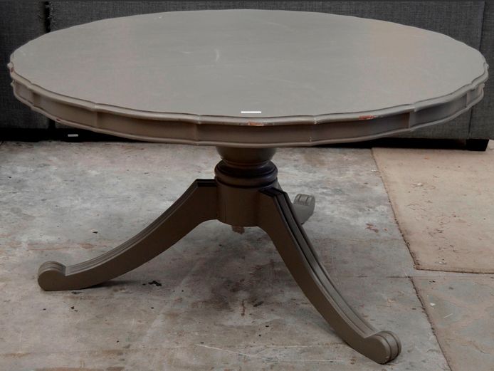 GREY PAINTED CIRCULAR DINING TABLE ON PEDESTAL BASE, 135cm Diameter x 74cm High [Needs touching up]
