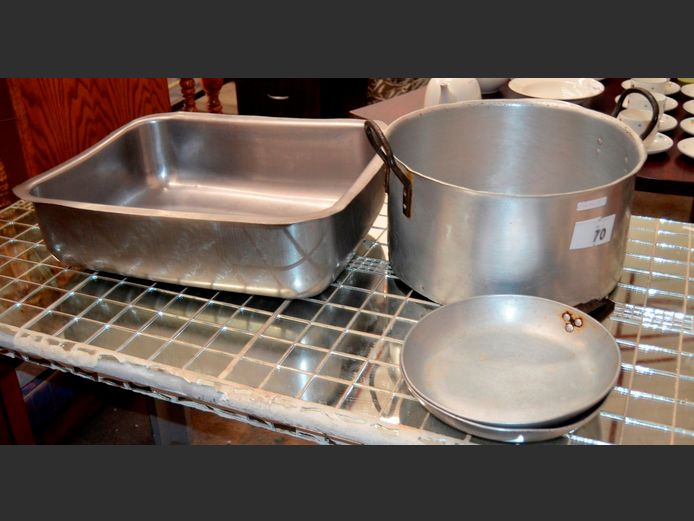 LARGE ALUMINIUM STOCK POT, LARGE BAIN MARIE INSERT, etc