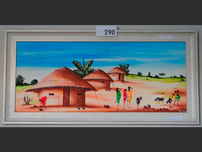 WHITE FRAMED OIL ON BOARD "AFRICAN VILLAGE", 37 x 23.5cm