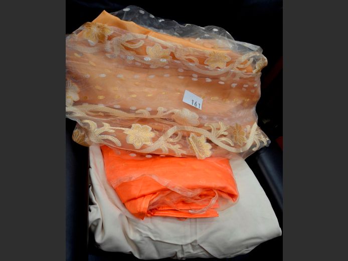 LOT: 2 x DROPS GOLD & ORANGE ORGANZA CURTAINS & FABRIC