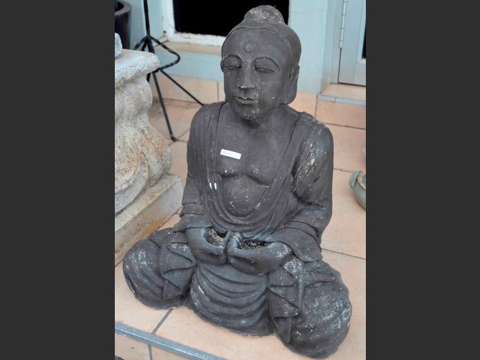BLACK PAINTED CONCRETE BUDDHA, 62cm High