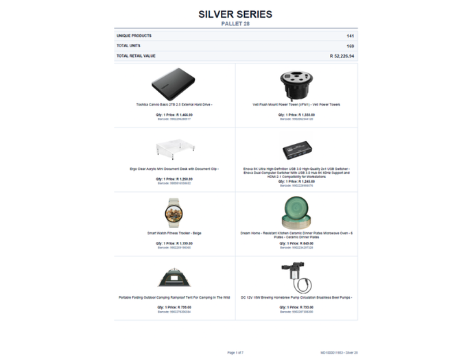SILVER PALLET OF STOCK (NOT TESTED) TOTAL RETAIL VALUE: R 52,226.94 STC