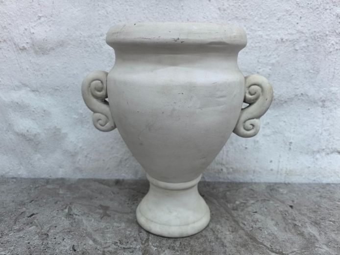 Classical Weathered Earthen Ceramic Pedestal Urn with Twin Handles