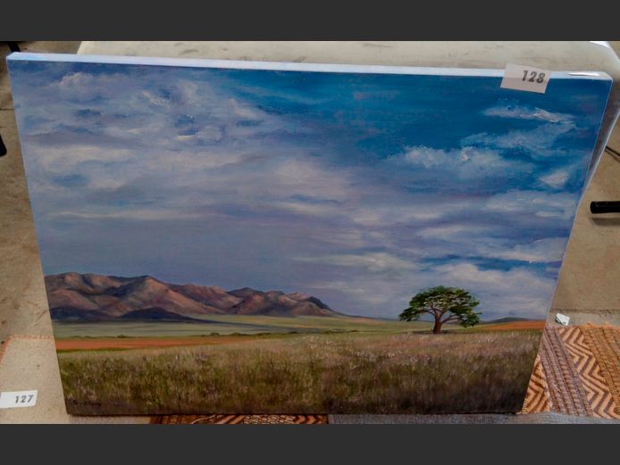 UNFRAMED OIL ON CANVAS "MOUNTAIN SCENE" BY S. VD SPUY, 90 x 70cm