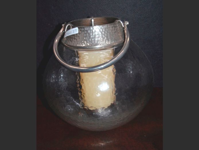 VINTAGE GLASS & METAL TAPERED CANDLE LANTERN, 23cm High