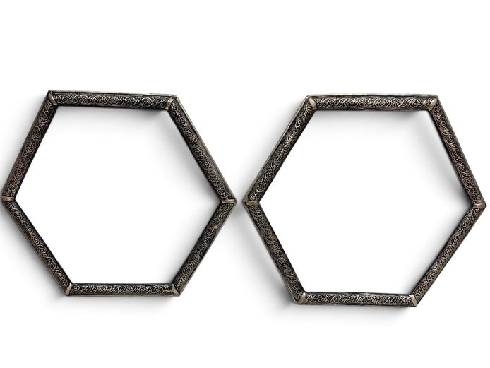 Pair of Hexagonal Silver-Tone Embossed Framed Glass Trays