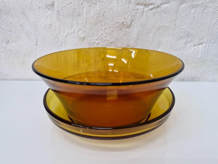 Vintage Amber Glass Bowl and Plate Set