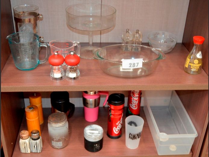 LOT ON 2 SHELVES: FRENCH PRESS, GLASS OVEN DISH, SALT & PEPPER SHAKERS, etc