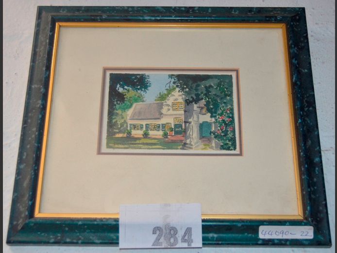FRAMED WATERCOLOUR "FARM HOUSE", 12 x 8cm