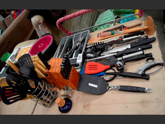ASSORTED CUTLERY, KITCHEN UTENSILS, etc