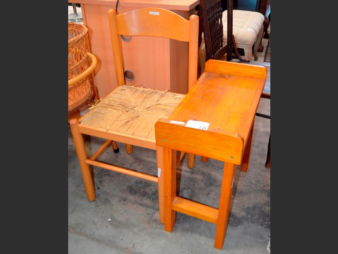 LOT: PINE SIDE TABLE, 59 x 29 x 59cm, & BEECHWOOD CHAIR WITH SEA GRASS SEAT [Seat worn]