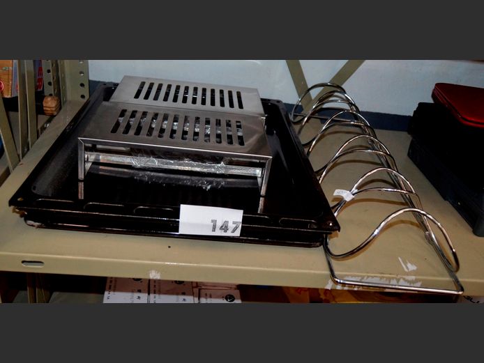 CHROME WALL MOUNT WINE RACK, STAINLESS STEEL WARMERS, OVEN DISHES, etc