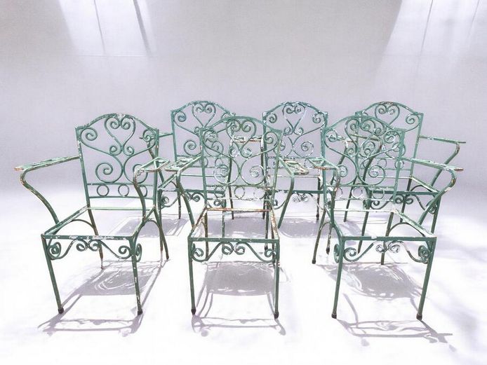 Set of Six Green Scrollwork Garden Chairs with Armrests