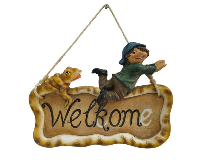 Whimsical Hand-Painted Resin "Welkome" Sign with Boy and Frog Figures