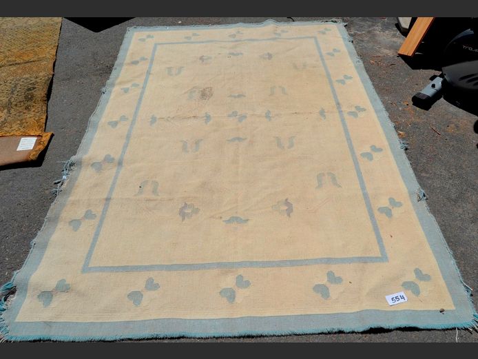 BEIGE & BLUE WOOL CARPET, 240 x 160cm [Worn, needs a clean]