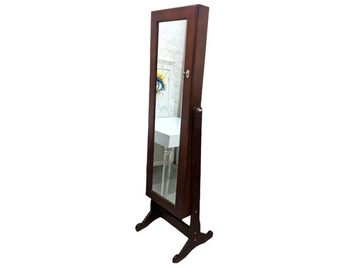 Standing Mahogany-Finish Jewelry Armoire with Full-Length Mirror