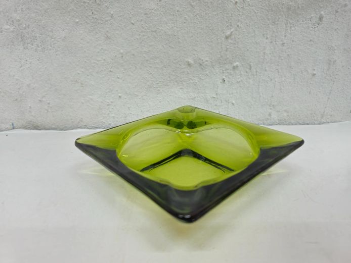 Vintage Mid-Century Olive Green Square Glass Ashtray