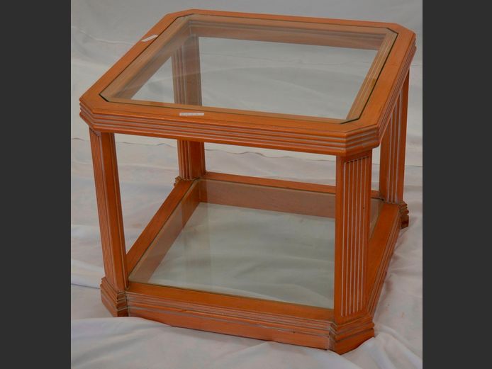 BEECHWOOD GLASS TOP SIDE TABLE WITH BOTTOM SHELF, 60 x 60 x 50cm