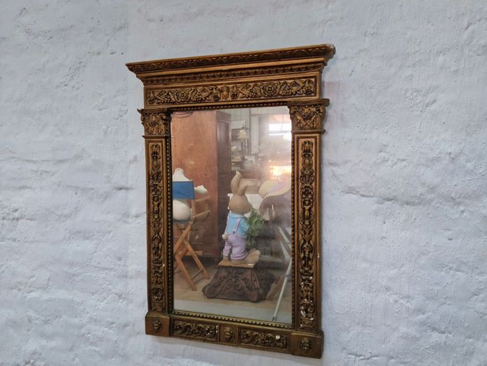 Antique Style Gilt Gesso and Plaster Wall Mirror with Cherub and Scrollwork Detail
