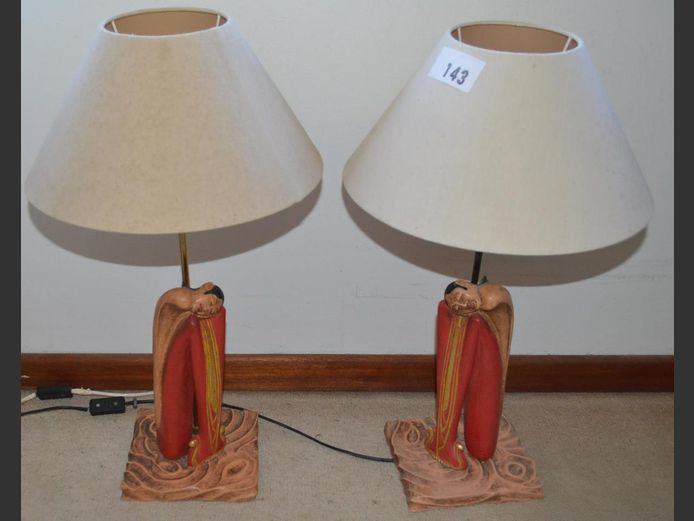 PAIR CARVED & PAINTED FIGURAL TABLE LAMPS WITH SHADES, 64cm High