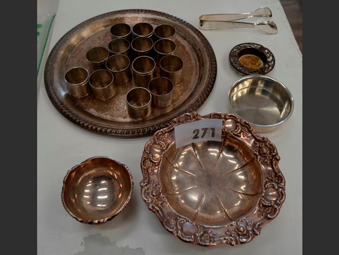 SILVER PLATE: FOOTED BOWL, NAPKIN RINGS, TRAY, etc