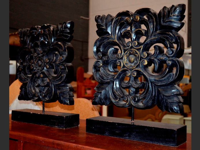 PAIR CARVED DARKWOOD CENTREPIECES, 30 x 8 x 38cm