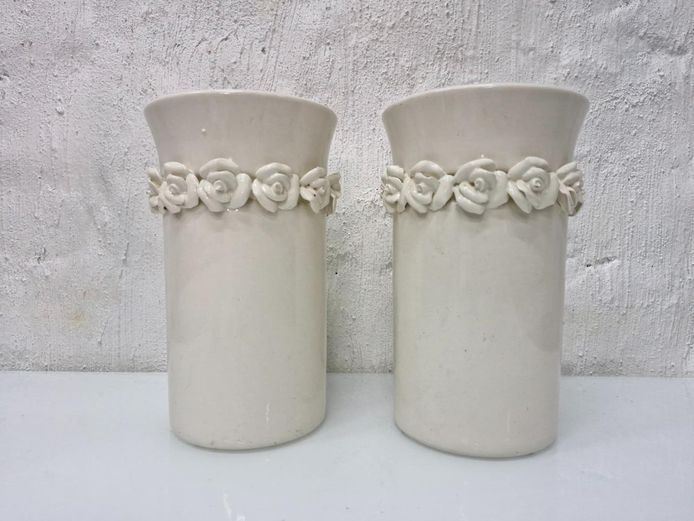 Pair of Cream Glazed Ceramic Vases with Raised Rose Detail