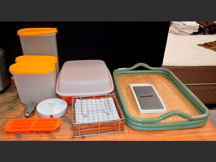 ASSORTED TUPPERWARE, WICKER TRAY, etc