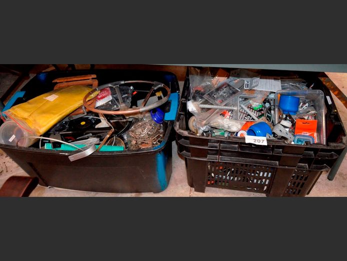 DOOR HINGES, CUPBOARD DOOR HANDLES, NUTS & BOLTS, etc IN 2 BLACK CONTAINERS