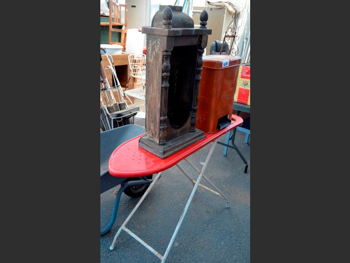 KROST VINTAGE STEEL DUSTBIN, CLOCK CASING & A RED IRONING BOARD