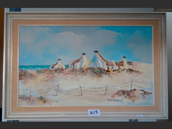 FRAMED OIL ON BOARD "BEACH SCENE" SIGNED HELENA MOMMEN '78, 78 x 46cm