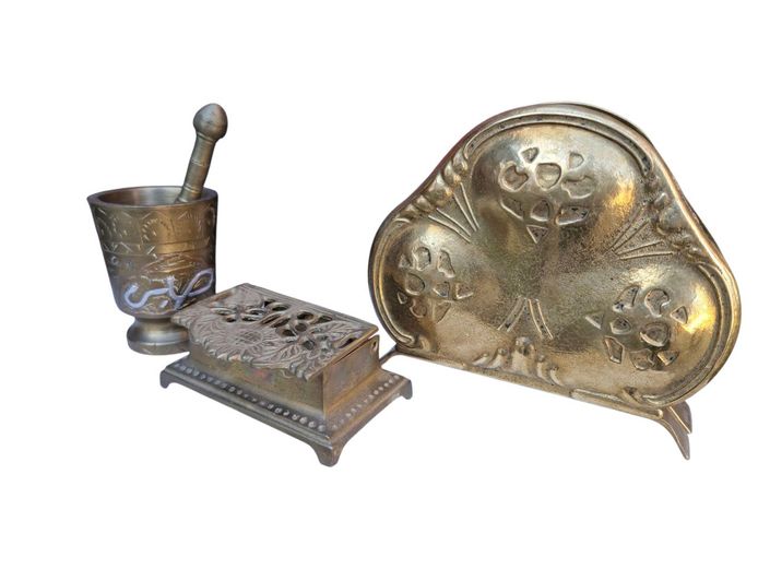 Vintage Brass Stamp Holder, Letter Holder & Mortar & Pestle